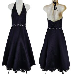 Jessica McClintock Gunne Sax Black Halter Polka Dot Midi Dress 5/6 USA Retro Vtg